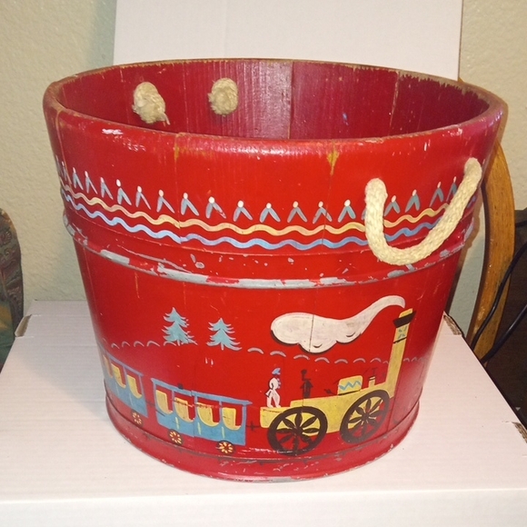 Helen Hume Hand Painted Mid Century Wooden Bucket With Train And Cow Motif